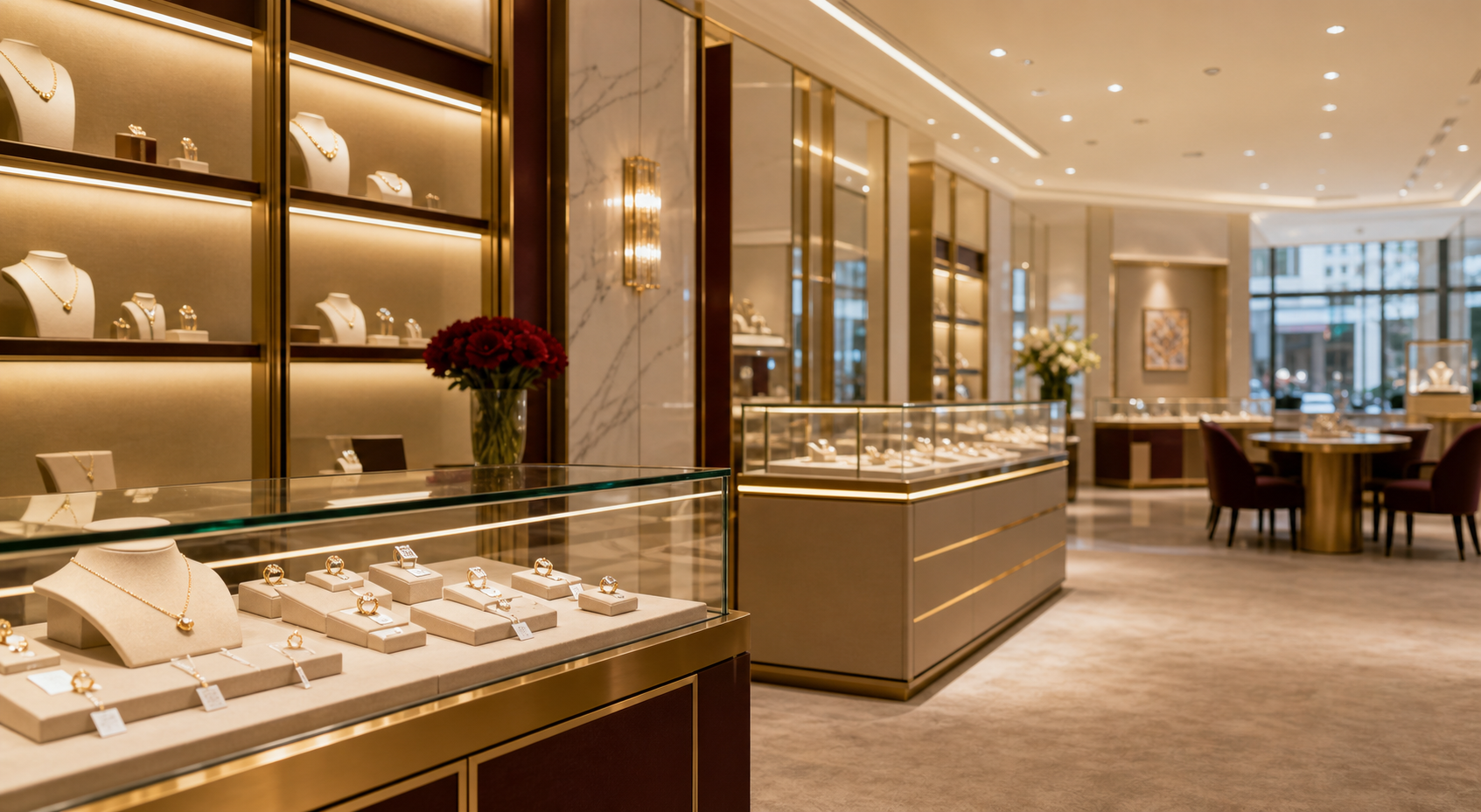 Luxury jewelry showroom with external price tags